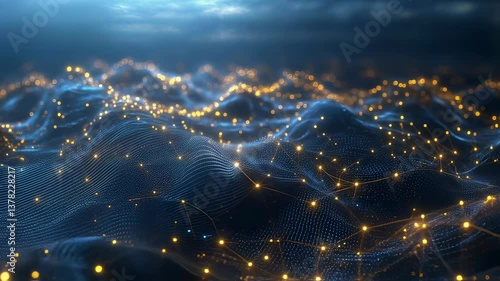 Abstract network data landscape visualization motion picture. Digital tech connection backdrop, data flow mesh, communication network technology stock footage.