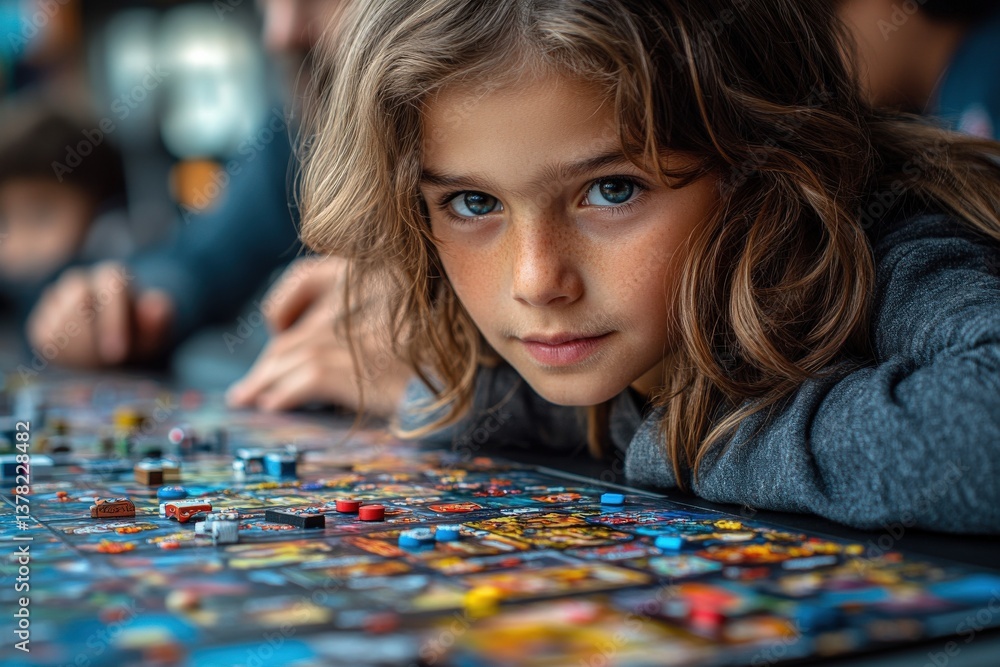 Fototapeta premium A young girl plays a board game, her blue eyes focusing on the playing field