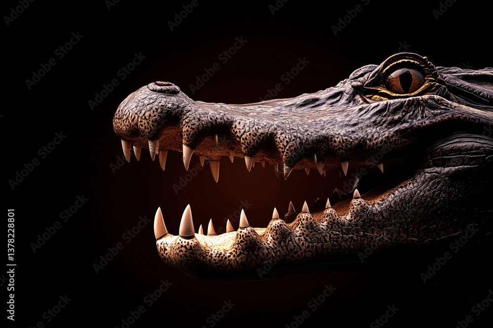 Obraz premium A Nile crocodile with its jaws slightly open, sharp teeth gleaming under moody lighting, hyperrealistic skin textures, deep dark background, National Geographic documentary style