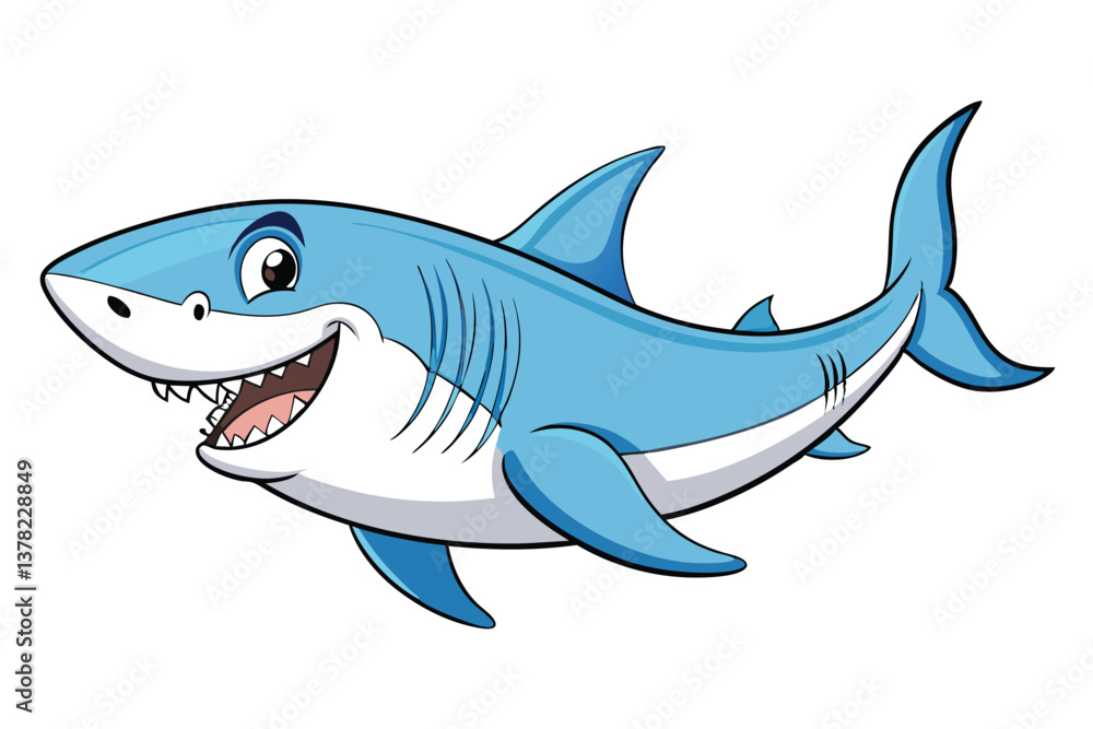 Fototapeta premium Cheerful Cartoon Shark with Sharp Teeth on White Background
