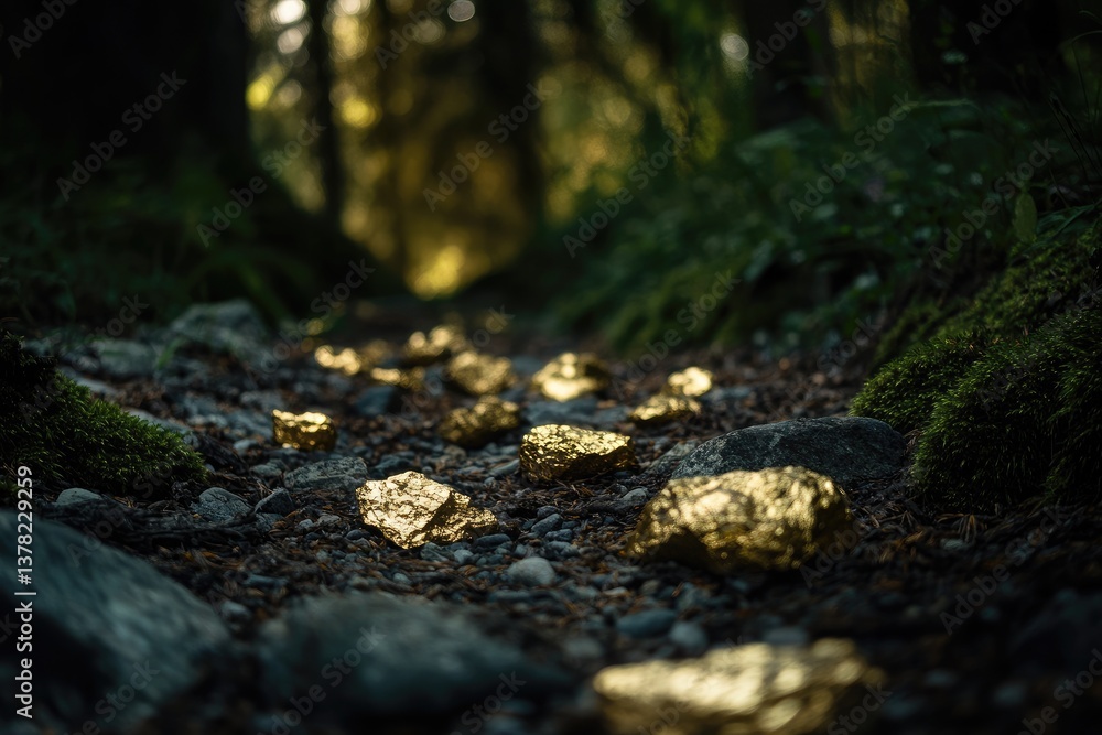 Golden nuggets scattered on a forest path Golden nuggets scattered on a forest path