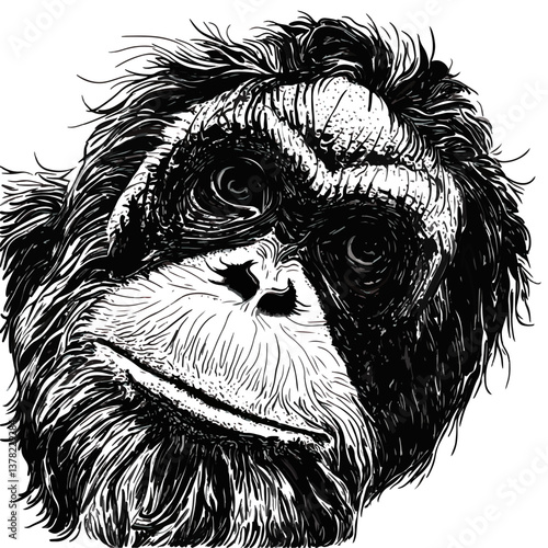 Orangutan, animal, black and white style, vector, transparent background