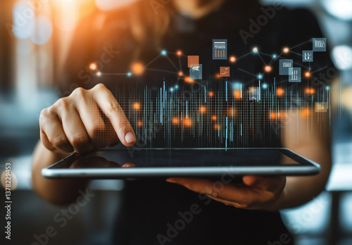  High-Resolution Photo of a Person Using an iPad with Floating Digital Network Icons, Representing Technology and Connectivity Against a Dark Background