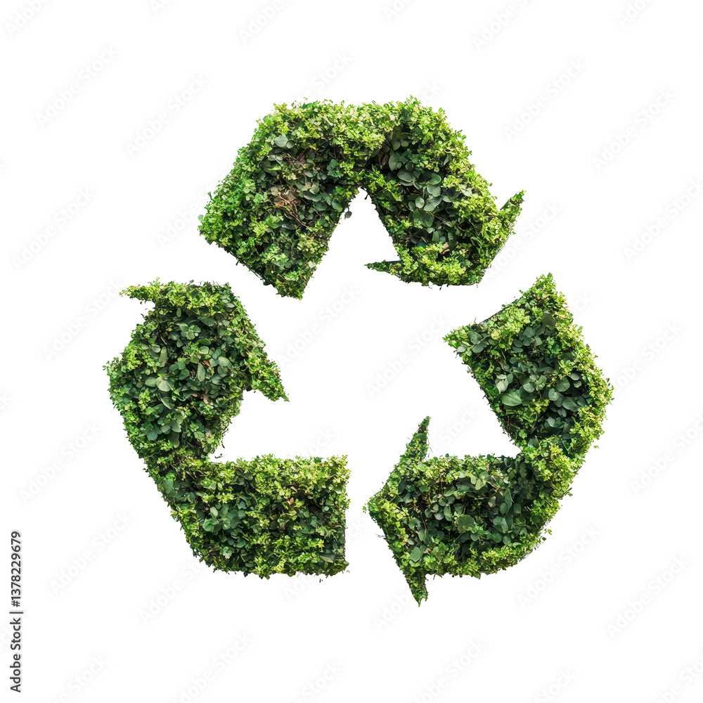 Recycling symbol made of green leaves on a white background emphasizes sustainability and environmental awareness, Green Recycling Symbol in Nature on white background Recycling symbol made of green leaves on a white background emphasizes sustainability and environmental awareness, Green Recycling Symbol in Nature on white background