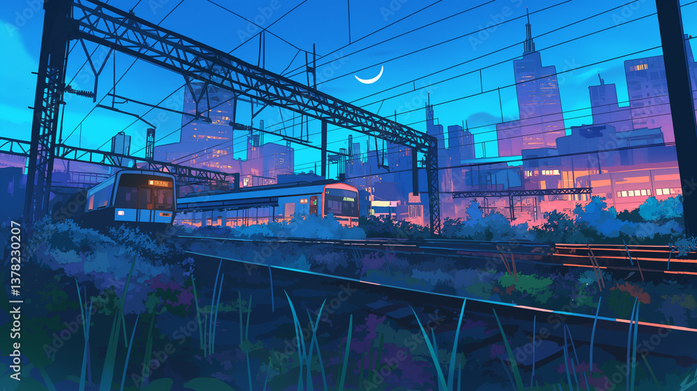 Fototapeta premium 昭和アニメ風の夜景イラスト｜月夜の都市鉄道と架線が織りなす幻想的構図｜ネオンが光る静かな街の夜を切り取ったアート素材｜ブルートーンが美しい都市風景