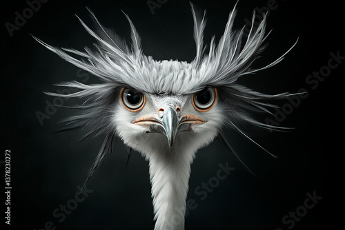 A secretary bird with long elegant legs and sharp eyes, hyperrealistic close-up of its unique feather crest, dramatic dark background, National Geographic documentary photography
