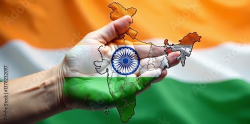 High definition image of Indian National Congress flag on palm print on a map of Indian states, Election, Politics