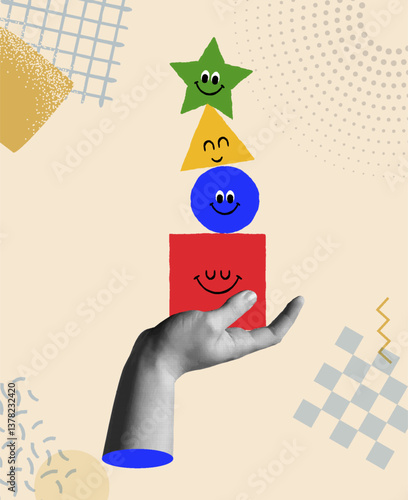 Funny shape cartoon and hand in retro collage vector illustration