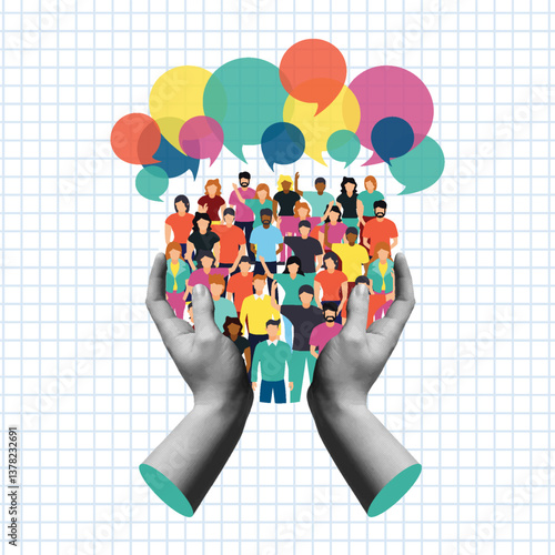 Human hands hold a diverse group of people talking in retro collage illustration