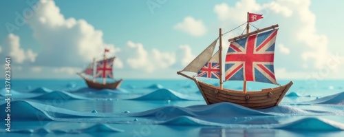 Paper ships with Scotland and UK flag sail on a sea of paper money, Floating, Waves