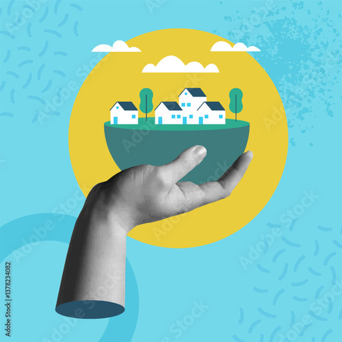 Hand holding a green environment city in retro collage vector illustration