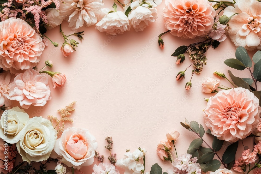 Border of blooming flowers in peach and ivory tones with space for text