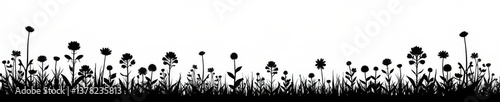 Black silhouette of wildflowers against a simple white background,  foliage,  floral patterns
