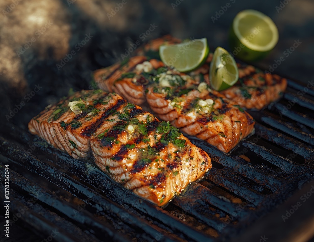 Grilled salmon fillets with lime and herbs on a barbecue grill. Succulent, flavorful fish, cooked to perfection. Zesty citrus and aromatic herbs enhance the taste. Perfect outdoor cooking Grilled salmon fillets with lime and herbs on a barbecue grill. Succulent, flavorful fish, cooked to perfection. Zesty citrus and aromatic herbs enhance the taste. Perfect outdoor cooking