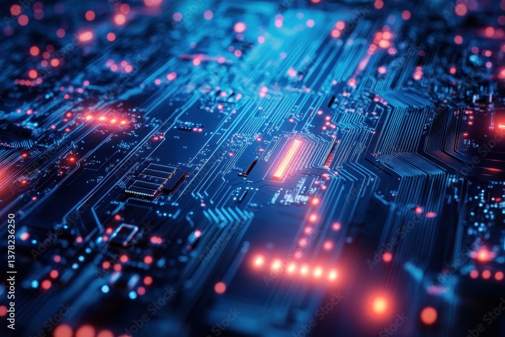 Close-up view of a vibrant microprocessor circuit board with glowing components and intricate pathways at night Close-up view of a vibrant microprocessor circuit board with glowing components and intricate pathways at night