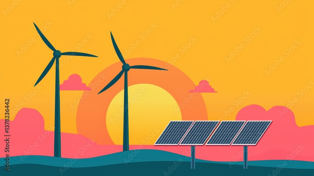 Obraz premium A vibrant illustration featuring wind turbines and solar panels against a colorful sunset, symbolizing renewable energy and sustainability.