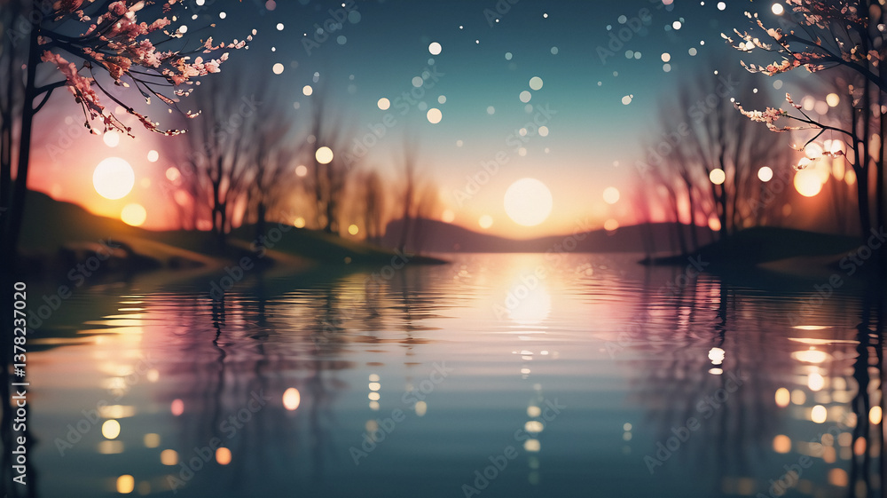 Fototapeta premium A serene landscape at dusk with a calm lake reflecting soft, glowing lights and silhouettes of trees against a colorful sky.