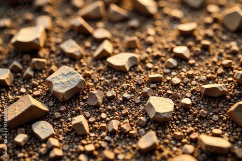 Crushed stone fragments scattered on brown earth background, asphalt concrete, crusher