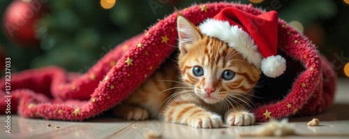 Cute ginger kitten wearing Christmas hat, snuggled up under a cozy blanket , ginger kitten, christmas hat