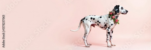 Dalmatian dog with wreath in soft pink color on white or light background , cute dogs, sweet dog