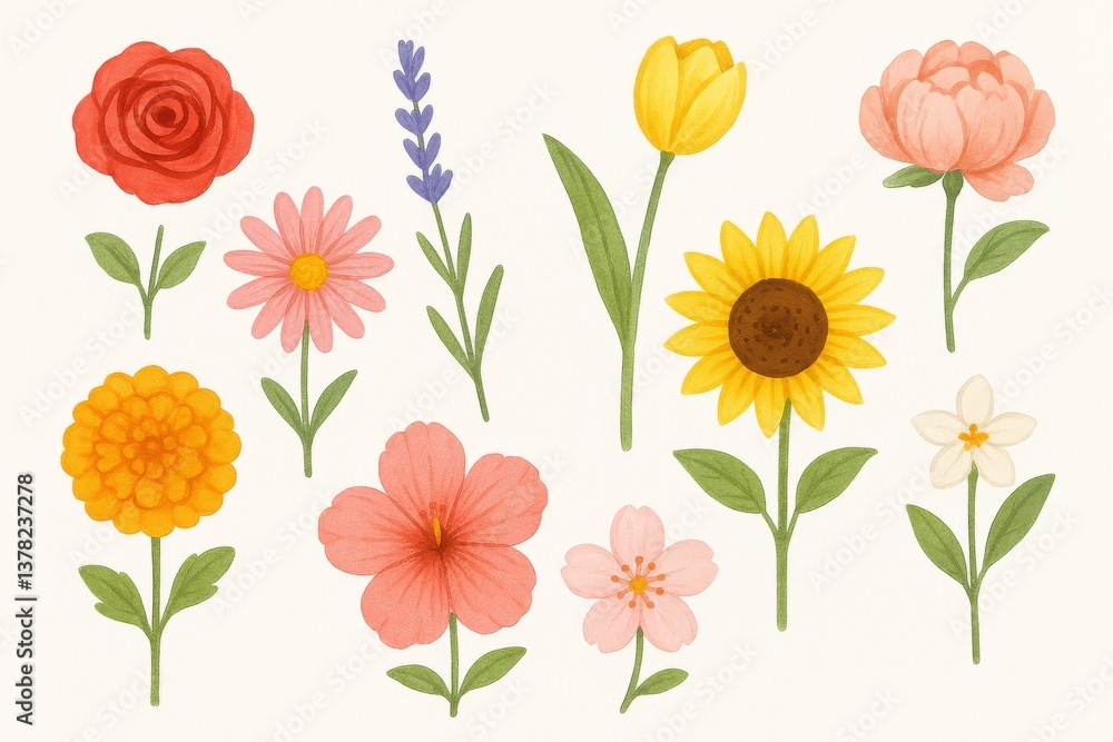 Beautiful Collection of Various Spring Flowers, Floral Elements, Isolated on Cream Background Beautiful Collection of Various Spring Flowers, Floral Elements, Isolated on Cream Background