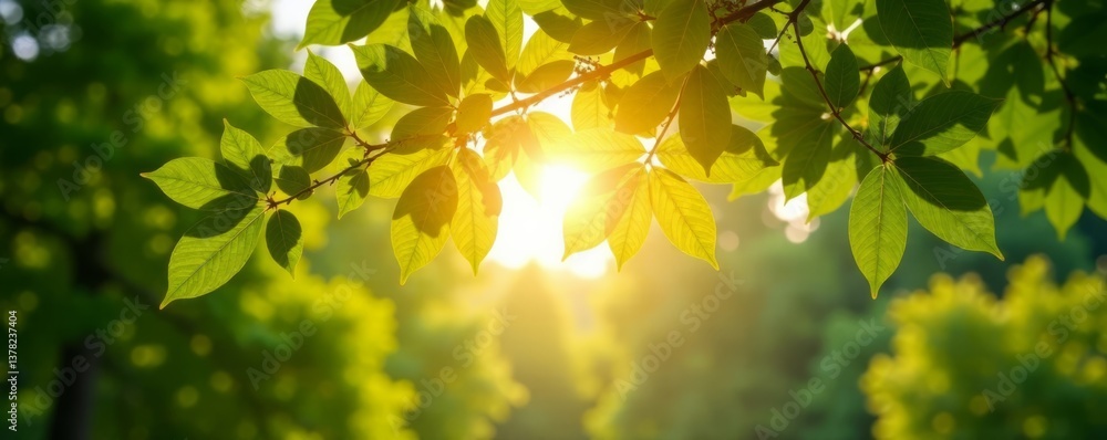 Obraz premium Distant sunlit tree canopy with blurred summer foliage, blurred background , distant views