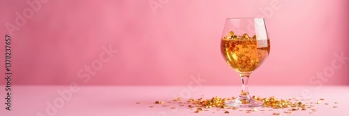 Elegant glass with golden confetti on pink background, birthday, glamour