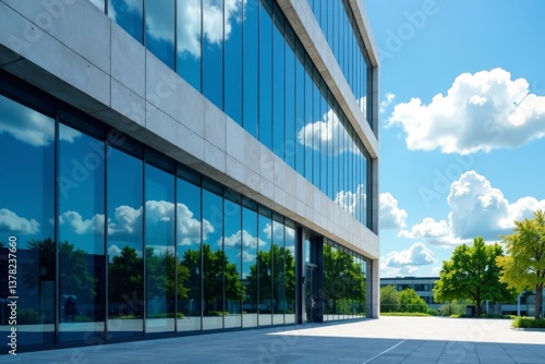 Elegant office building façade with mirrored glass windows reflecting blue sky and white clouds, architecture, sky