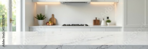 Elegant white marble kitchen countertop with a large empty space above it, surrounded by blurred white kitchen surroundings, minimalist, elegance