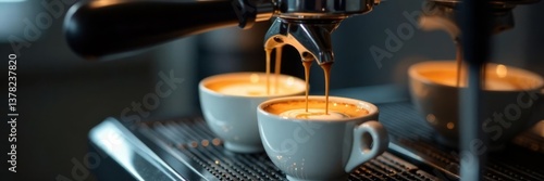 Espresso machine pours steaming coffee into two small white cups with crema on top, table, cup