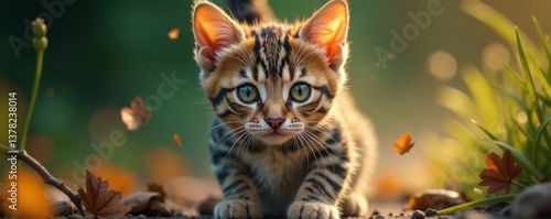 Feline's wide-eyed stare amidst sudden movement, feral instinct, surprised cat