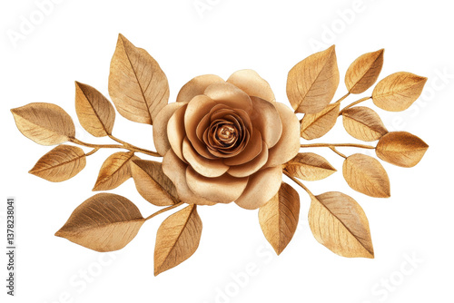 Fototapeta Naklejka Na Ścianę i Meble -  Elegant gold rose with leaves on black background, cut out