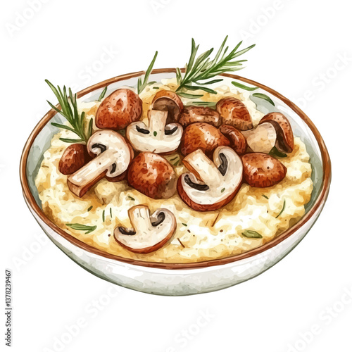 A watercolor vector painting of Funghi Porcini Risotto, isolated on a white background.

