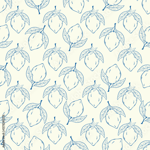 Vintage hand-drawn seamless pattern with lemons. Tropical citrus background. Vector doodle illustration.