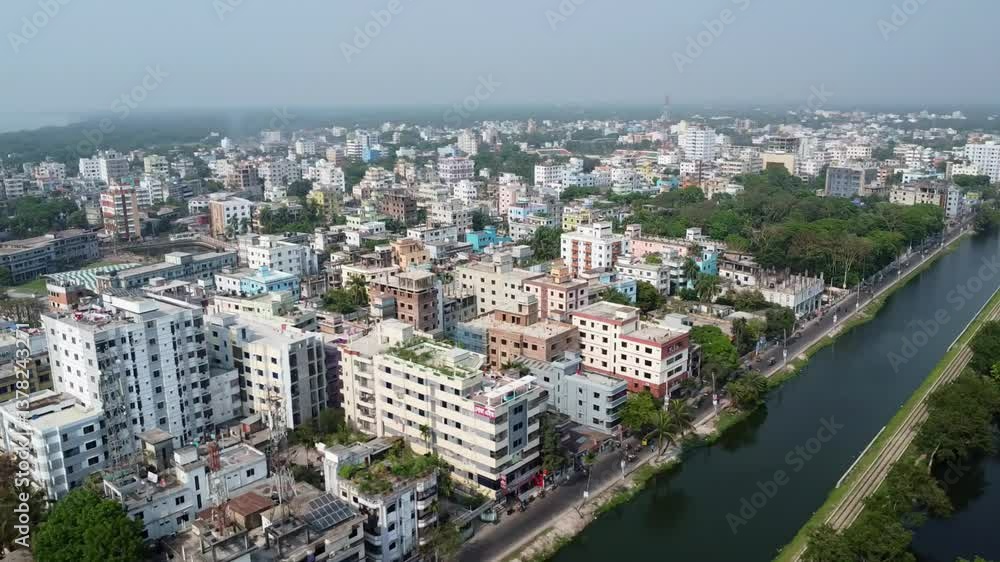 Chandpur is the estuary of three major rivers in Bangladesh. Drone view of Chandpur city, the city of Hilsa fish.Natural view and skyline of chandpur city. Chandpur is the estuary of three major rivers in Bangladesh. Drone view of Chandpur city, the city of Hilsa fish.Natural view and skyline of chandpur city.