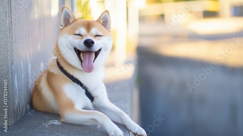 A delightful Shiba Inu dog with a happy, infectious grin, basking in the warmth of the sun and pure happiness, showcasing the canine spirit