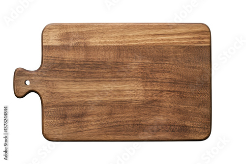 Rectangular wooden cutting board with handle on black background, cut out