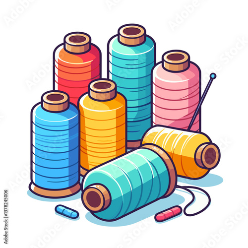 Colorful sewing thread spools with needle in bright rainbow colors, cartoon style. Ideal for tailoring services, handicraft stores or DIY clothing repair illustrations.