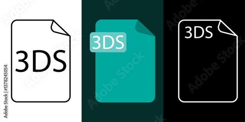 3DS file format icon set in outline, color, and dark mode. Vector illustration representing 3DS files for 3D modeling, animation, and game design in graphics and virtual environments.