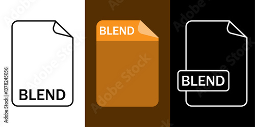 BLEND file format icon set in outline, color, and dark mode. Vector illustration representing 3D project files for modeling, animation, rendering, and game development.