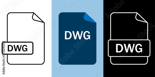 DWG file format icon set in outline, color, and dark mode. Vector illustration representing CAD drawings, architectural plans, and engineering designs for drafting software.