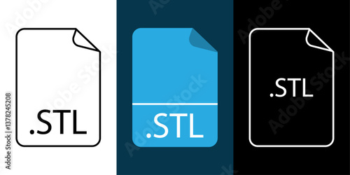 STL file format icon set in outline, color, and dark mode. Vector illustration representing 3D printing and CAD file extensions for additive manufacturing and prototyping. 