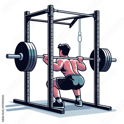 Vector man doing squats with barbell in power rack at gym. Ideal for fitness training programs, strength coaching and bodybuilding workout illustrations.