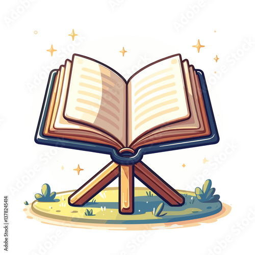 Vector open book on wooden stand with glowing pages. Perfect for education programs, library promotions and literary event marketing materials.