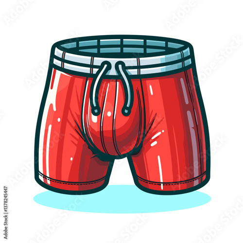 Vector men's swimming trunks in red with blue waistband. Ideal for swimwear collections, beach apparel catalogs and summer fashion advertising.