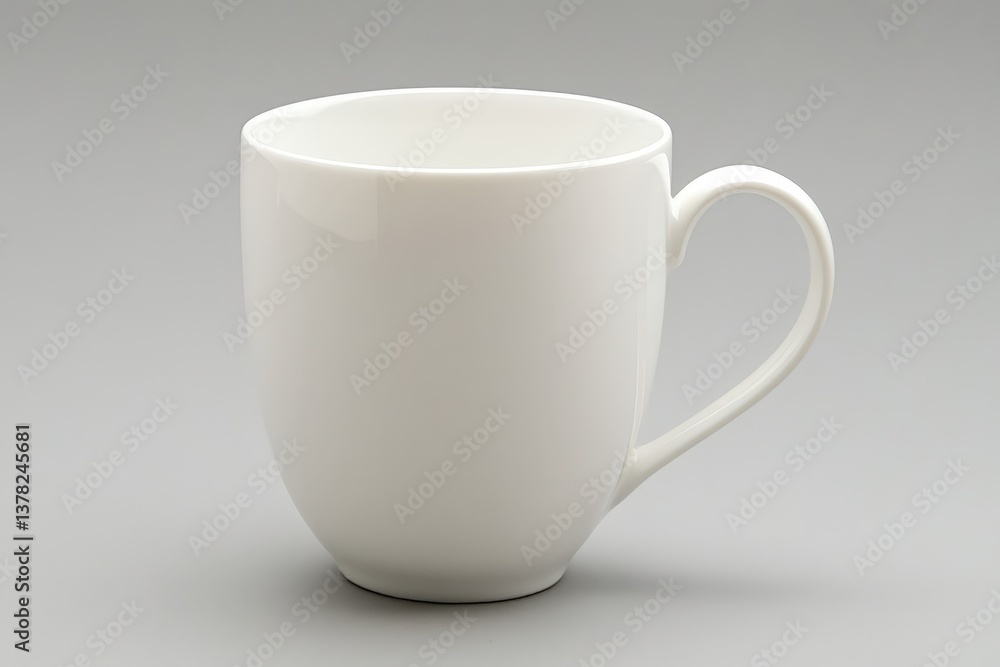 A singular empty white ceramic mug is pictured against a gray backdrop A singular empty white ceramic mug is pictured against a gray backdrop