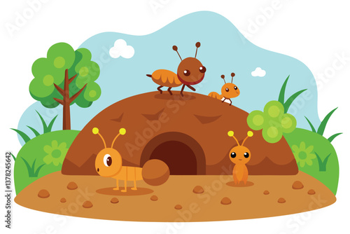 Cartoon Ants on Anthill with Tree and Blue Sky Design