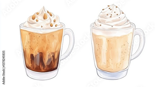 Two delicious watercolor illustrations of iced coffee drinks topped with whipped cream and caramel drizzle in clear glass mugs perfect for cafe menus or autumn themed designs.