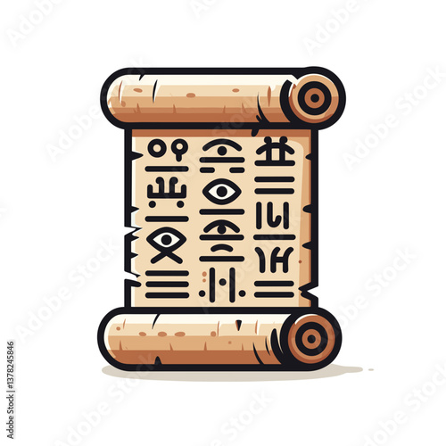 Vector illustration of ancient scroll with hieroglyphic text. Perfect for historical education or archaeological themed content.