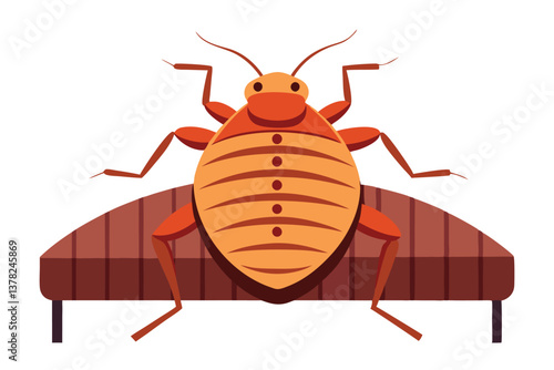 Cartoon Bed Bug on Bed with Stripes and Dots on White Background